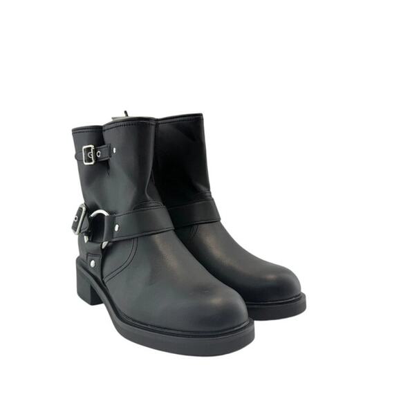 Black Conner Harness Silver Buckle Ankle Biker Boots Sz 11 Round Toe Block Heel - Picture 8 of 9